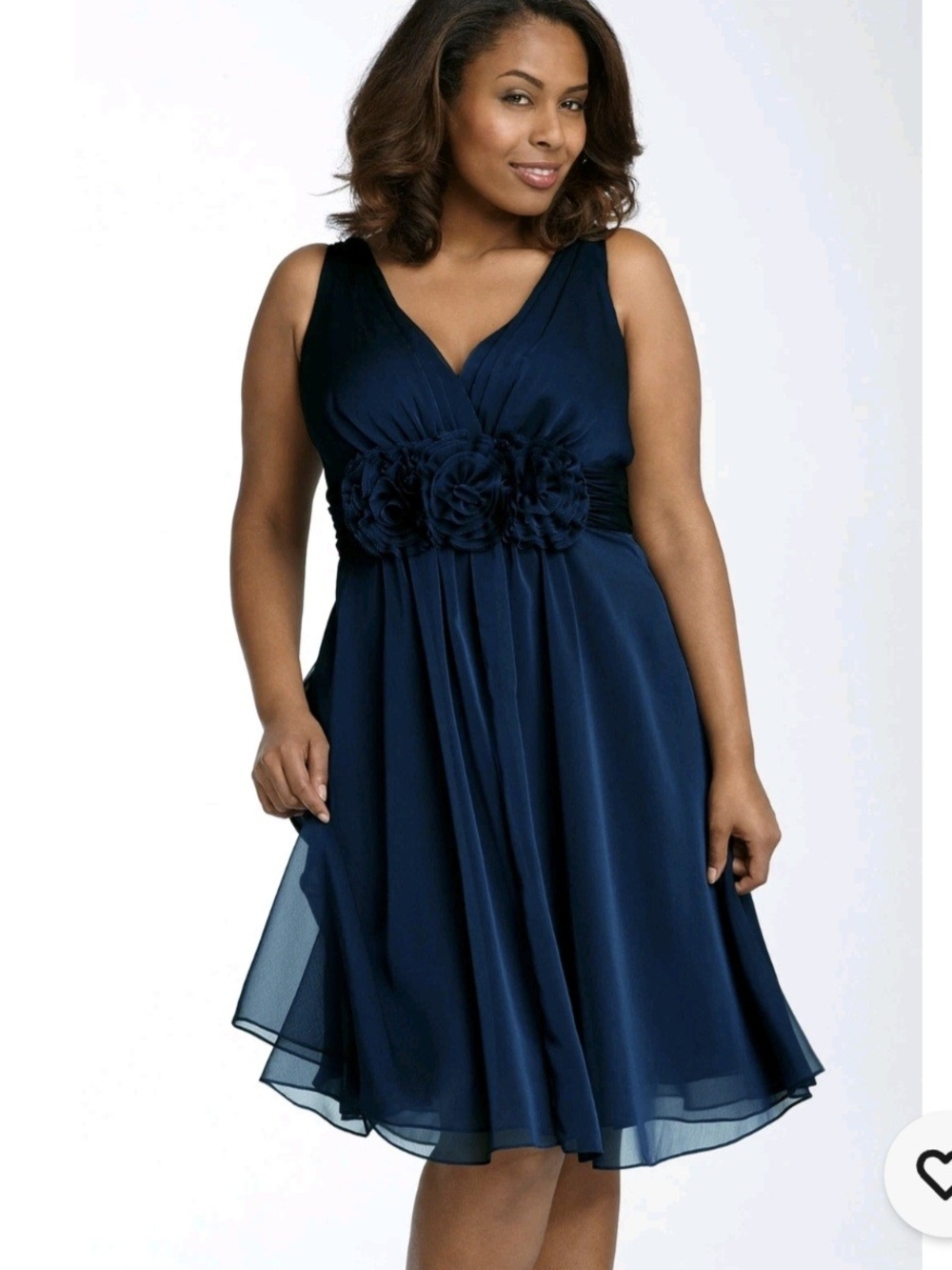 Adrianna Papell Navy V-Neck Chiffon Midi Dress with Rosette Waist